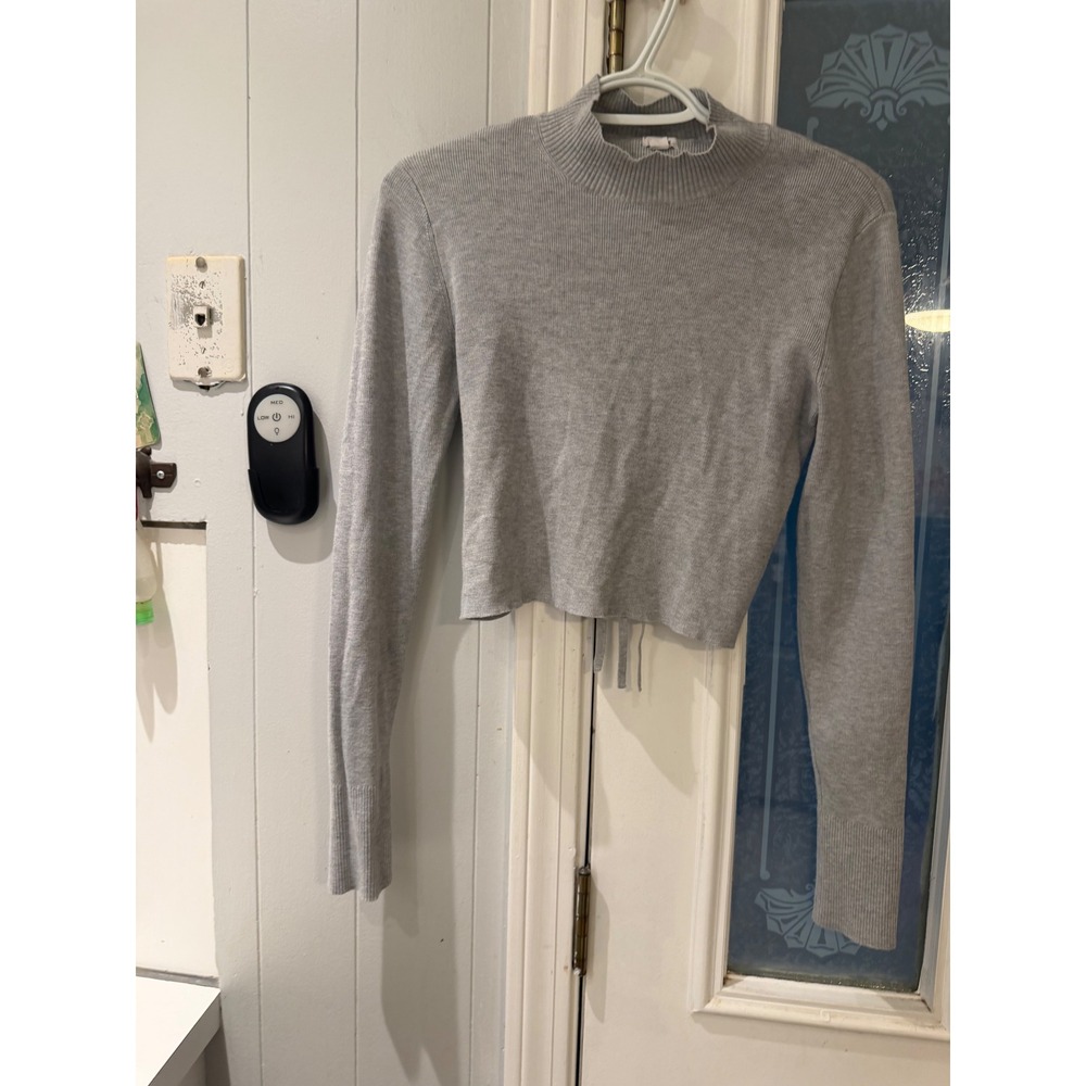 Garage Grey Ribbed Mock Neck Open Back Lace Up Cropped Sweater Medium